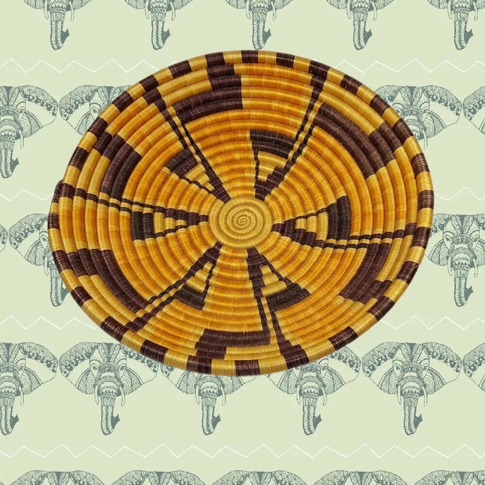 Round Ethnic Coil Handwoven Natural Grass Bowl Basket 11" Diameter 5" Deep Hang